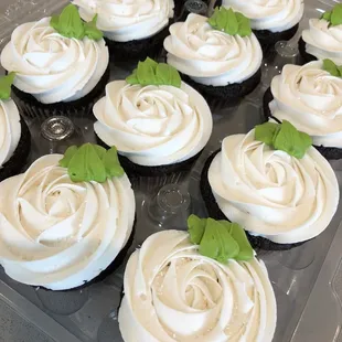 a tray of cupcakes