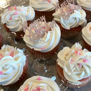 a tray of cupcakes