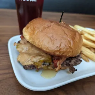 a cheeseburger and fries