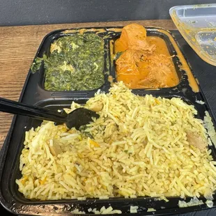 Medium combo with chicken tikka masala, saag paneer, chicken biryani