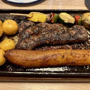 Flat Steak with Fried Yellow Potatoes, Veggie Skewer &amp; Sweet Plantain