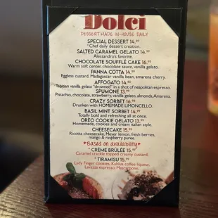 Dessert menu