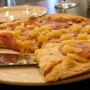 Hand tossed Canadian Bacon and pineapple pizza