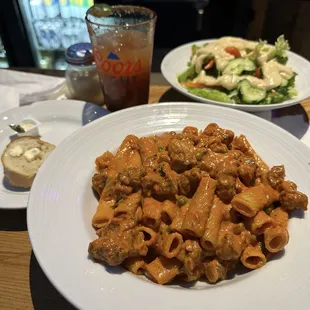 Rigatoni w Vodka Sauce and Crumbled Italian Sausage, And a Salad w Garlic Dressing