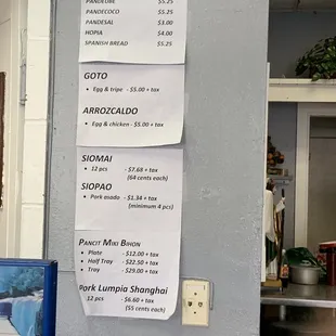 a menu on a wall