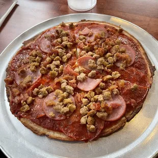 Gluten free no cheese meat lovers pizza
