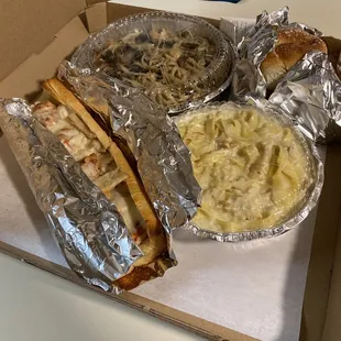 Chicken Parmigiana Hot Sub, linguini Linguini with Mushrooms Garlic and Oil (add black olives and chicken), and Fettuccine Chicken Alfredo