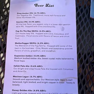 Beer menu