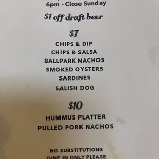 Happy hour menu