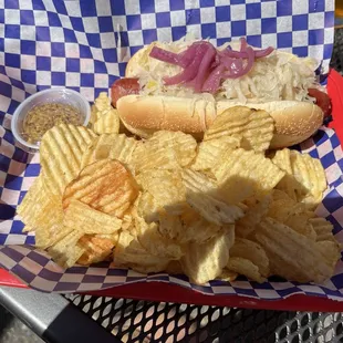 Kraut dog and chips..Yum!