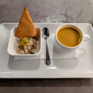 Tuna salad with coconut carrot curry soup