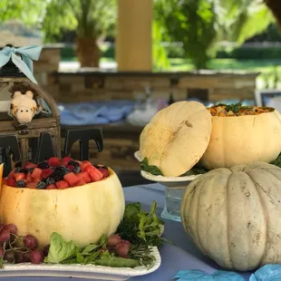 We had a pumpkin theme so Sally Ann served some of the salads in carved out pumpkins