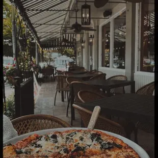 Outdoor area and pizza