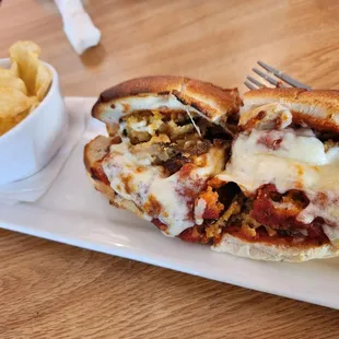 Eggplant parm sub with chips