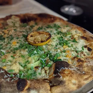 Clam and leek pizza