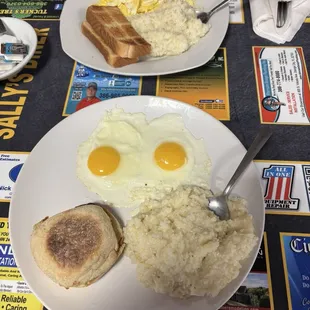 Home cooked breakfast eggs grits &amp; turkey bacon with a great cup of coffee.