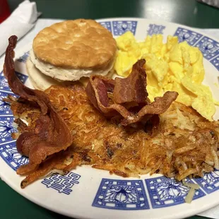 2 Eggs with Bacon Breakfast with a biscuit and home fries