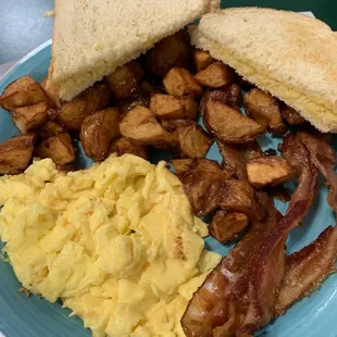 Eggs, bacon, home fries, and sourdough toast! So good!