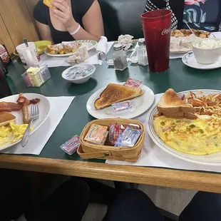 Amazing Western Omelet, 2 Eggs w/ Grits  n 1 Biscuit n Gravy, 2 Pancakes w Sausage Breakfast &amp; 2 Slices Thick Cut French Toast Breakfast