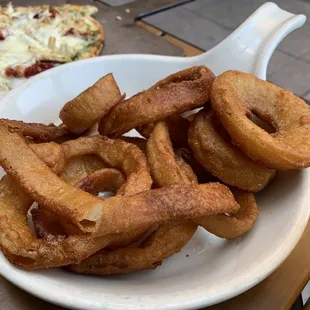 onion rings and a pizza