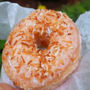 a hand holding a donut covered in coconut flakes