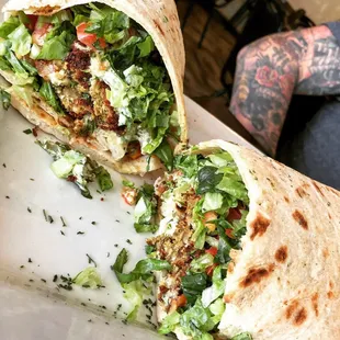 Falafel sandwich. large size is as big as a baby, def needs 2 to share