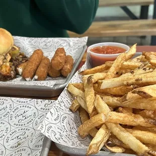 Bills Mafia 11.99 Side Cheese Sticks and Large Fries. Fries went home for next day&apos;s lunch.