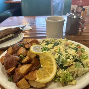 Vegetable scramble, home fries and dark rye toast