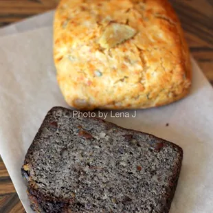 Buckwheat banana bread ($4) and Roasted potato biscuit ($4)