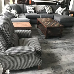 Reclining Chair, Sectional sofa, and coffee table from Salmons.