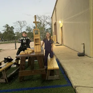 Outside with the jenga blocks