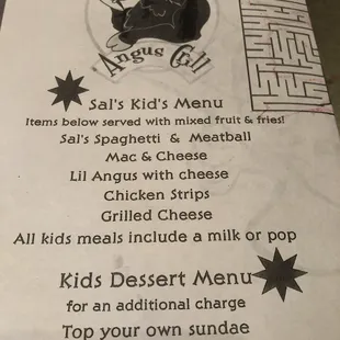 Kid's menu