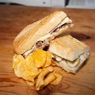 a sandwich and chips