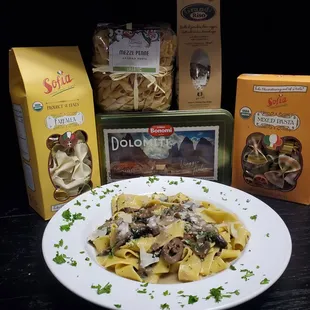 a plate of pasta with mushrooms