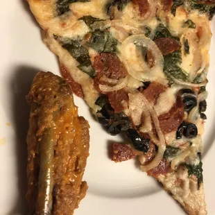 Buffalo 10 Pc Wings (over cooked and dry) and 5 toppings pizza was so greasy (had to pat it dry).