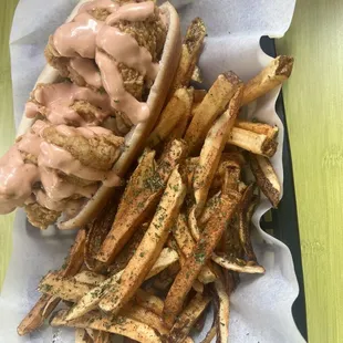 Catfish poboy and Seasoned Fries