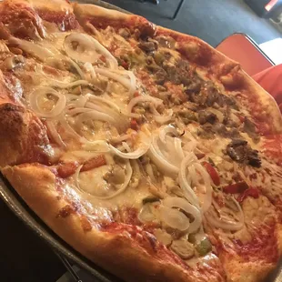 All mushroom and green peppers; half sausage and half onion.