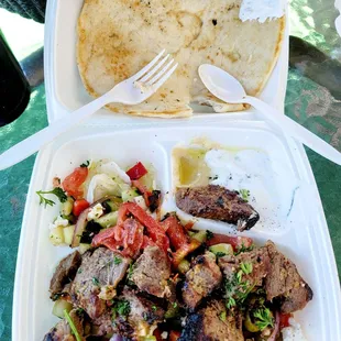 Lamb Kabob to-go,  substitute rice for salad. Yummy!
