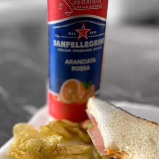 Ham &amp; cheese with italian herbed mayo. Rosemary &amp; olive oil chips and a delish blood orange, Sanpellegrino.