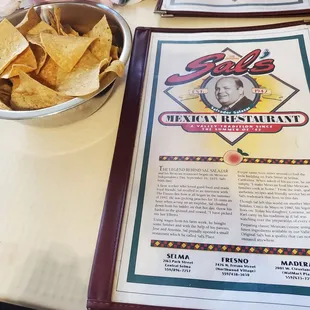 Menu and chips when seated.