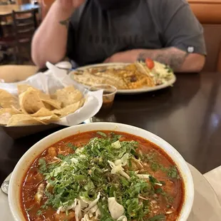 Pozole &amp; 3 item combo with a shredded beef taco, beef enchilada red, red tamale
