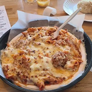 Baked m.y.o. pasta with meatballs