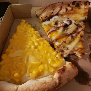 BBQ steak and fries, and mac and cheese pizzas