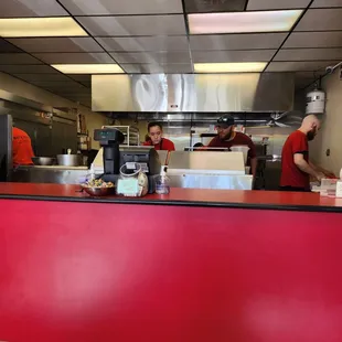 a red counter in a restaurant