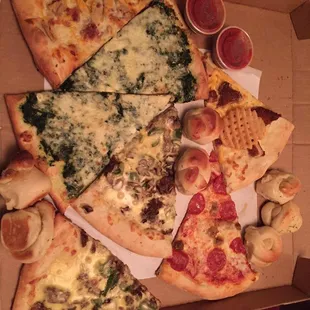 chicken bacon ranch, spinach and philly cheese steak and waffle chicken pizza great prices and FREE garlic bread!