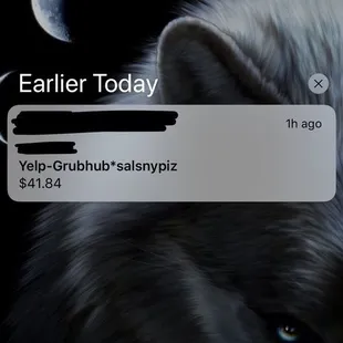 The original notification from Apple Pay stating that I had been charged. Note that it says 1 hour ago. And that it's already 8:20pm.