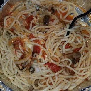 Spaghetti marinara with added mushrooms and onions...its was ok.  Missing fresh basil, garlic, and oregano in my opinion.