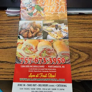 Sal&apos;s Pizza Menu