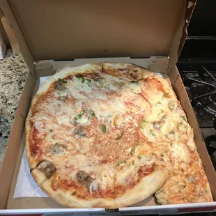 All of the cheese slid off of the pizza in the delivery process