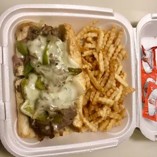 Uncle Sal's Italian Beef Classic. Italian Beef with Mushrooms, Onions, Sweet Peppers and Mozzarella. French Fries on the side.